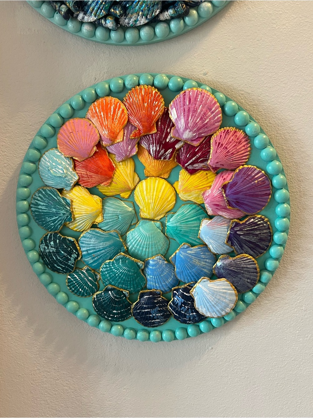 Rainbow Seashell Mandala Wall Art – Handcrafted Coastal Statement Piece-Sunset